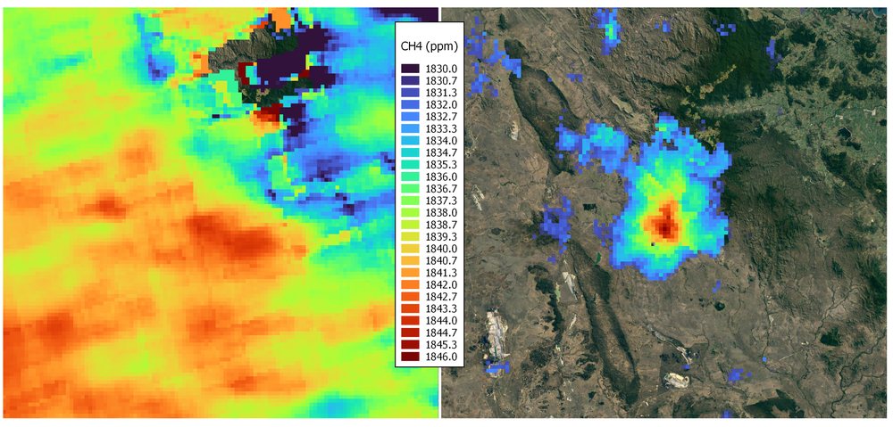 Wind-rotated methane retrieval over a Bowen Basin open-cut mine, Queensland, in false colour beside the satellite scene.